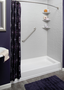 a newly installed shower with low basin, grab bar, and corner shelving